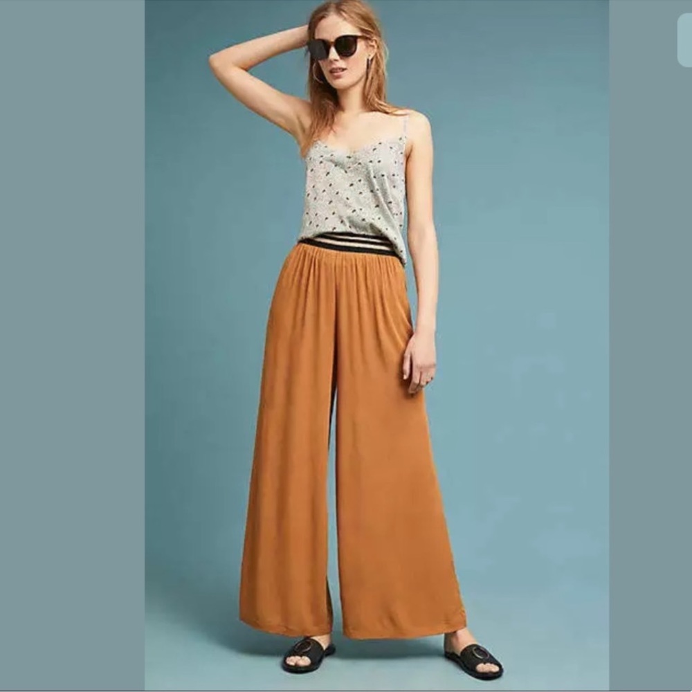 Anthropologie Wide-Leg Pants in Camel Brown with Striped Elastic Waist